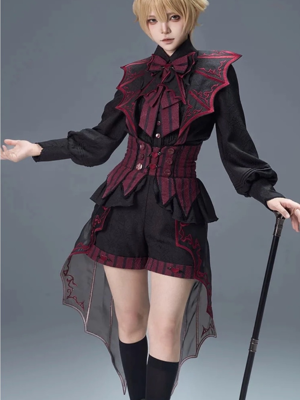 Black x Burgundy Dark Gothic Vampire Bat Ribbon Shirt + Bat Wing Suspenders